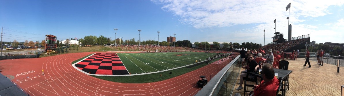 A panoramic view of Alumni stadium and the new alumni pavilion (far right)